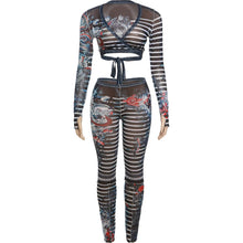 Load image into Gallery viewer, Weird Puss Sexy See Through Women 2 Piece Set Dragon Print Midnight Knot Low-Neck Crop Tops+Leggings Clubwear Matching Outfits