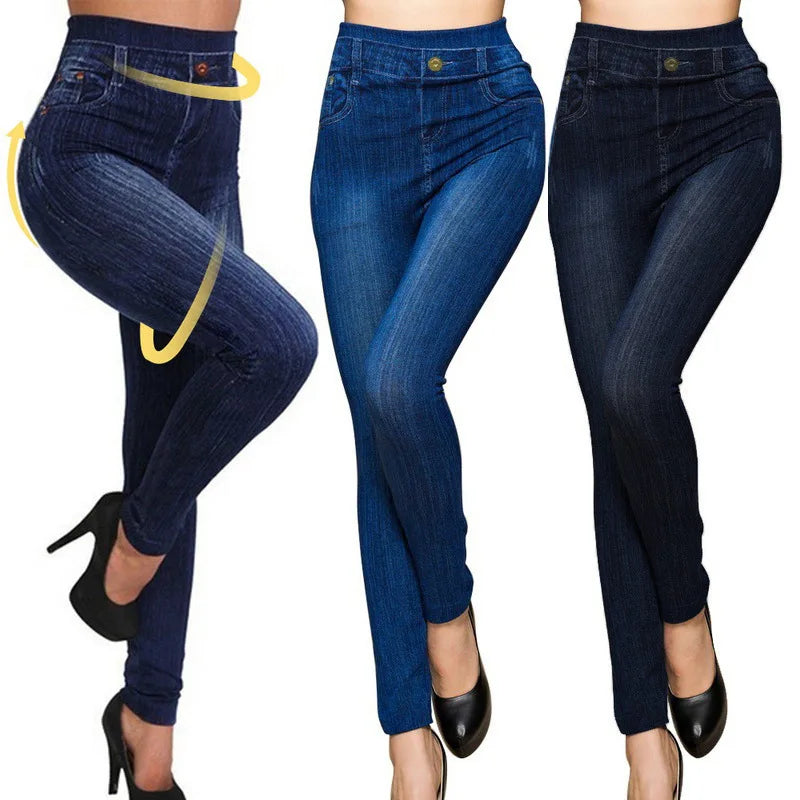 Women Print Jeggings Cotton Slim Fit Fake Jeans Denim High Waist Fitness Leggings 3XL Size Fashion Lady Streetwear Pants Spring