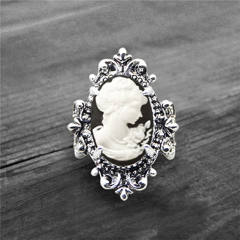 Vintage Leaf Lady Queen Cameo Rings For Women Antique Silver Plated Flower Cross Pink Cameo Ring Fashion Jewelry