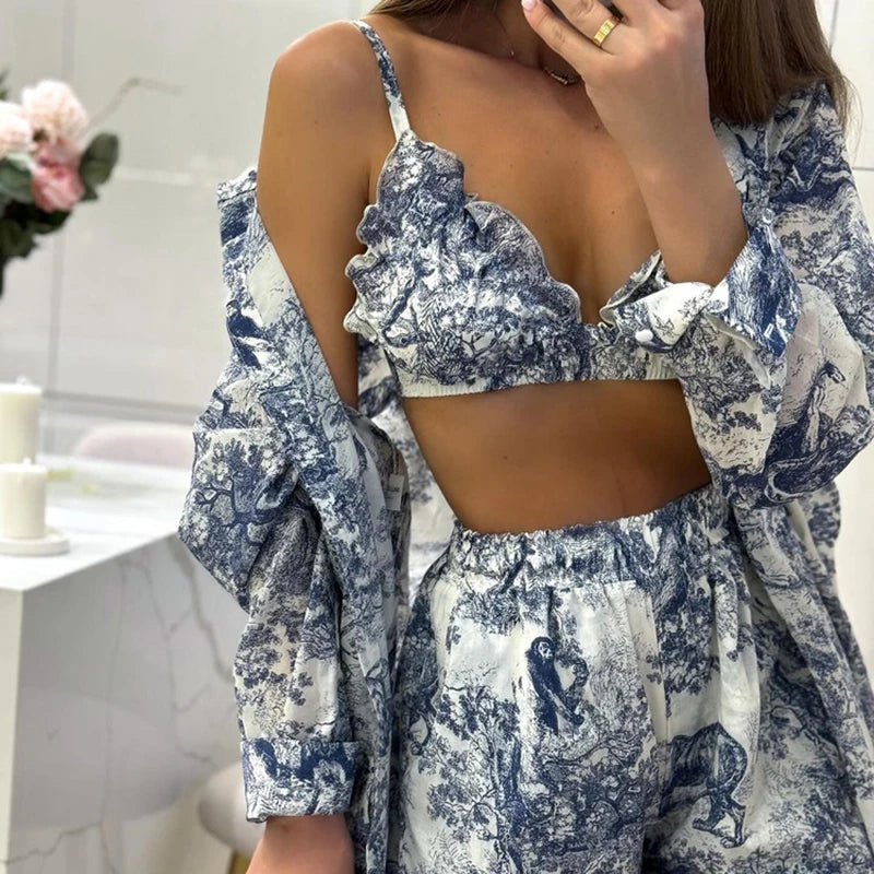 Fashion Loose Print 3 Piece Shorts Sets Women Outfit 2024 Elegant Long Sleeve Shirt + Bra With High Waist Shorts Set Streetwear