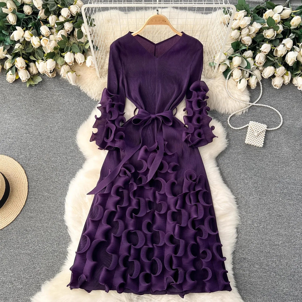 Summer Holiday 3D Ruffled Edge Draped Pleated Dress Women's V Neck Solid Color Oversized High Sretch Lace Up Party Vestidos