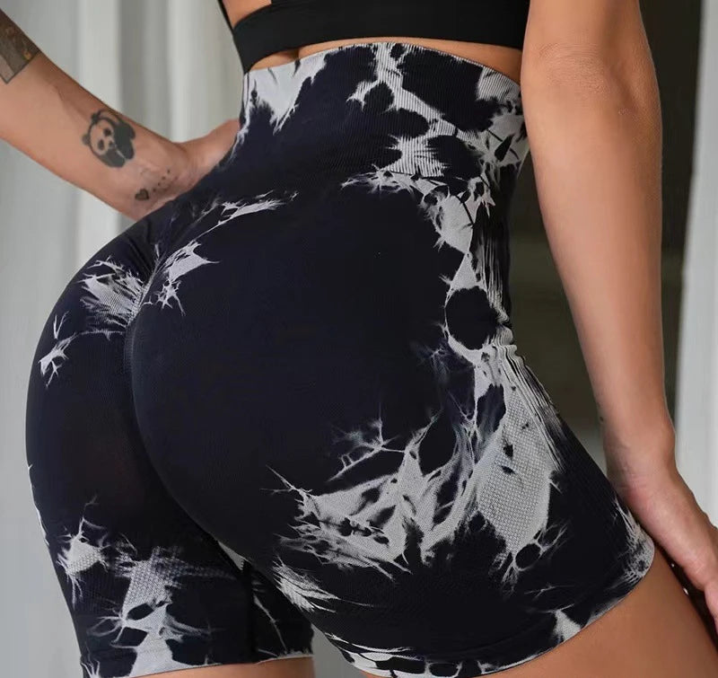 Women Tie Dye Sports Shorts Seamless Slim Leggings Gym Workout Running Seamless Sexy Hip Liftting High Waist Stretch Yoga Shorts