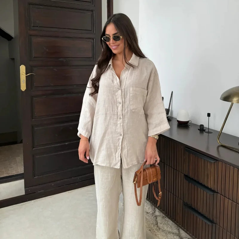 Causal Linen With Pocket Shirt Pants Suits Women Wide Leg Pants Long Sleeves Shirt Sets Ladies Loose High Street 2 Piece Outfits