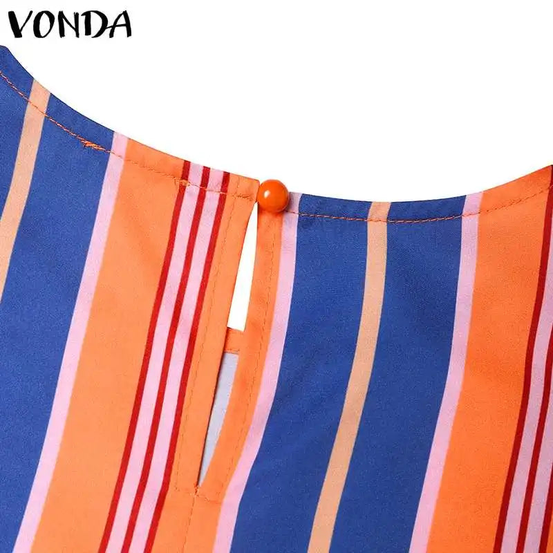 VONDA Bohemian Vintage Women Striped Pants Sets 2024 Summer Half Sleeve Casual Loose Tops and Pants Matching Sets Oversize 2PCS