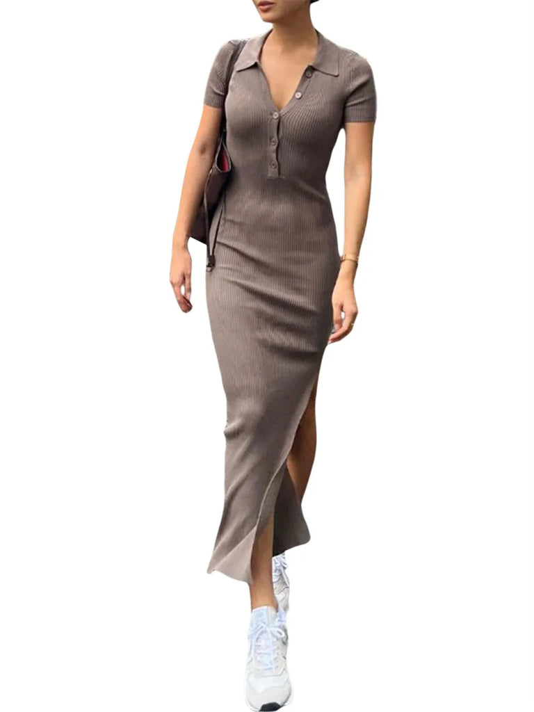 Women Button Down Bodycon Maxi Dress Short Sleeve Collar V Neck Split Long Sweater Dress Ribbed Knit Pencil Dress