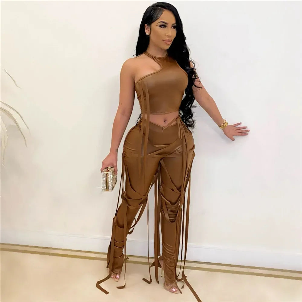 Y2K PU Faux Leather Two Piece Outfits for Women Party Club Matching Sets Ribbons Crop Top and Pants 2 Piece Sets Women Outfits