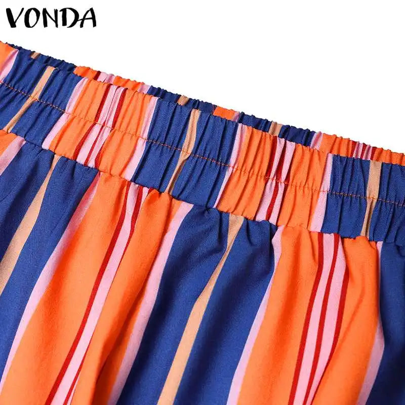 VONDA Bohemian Vintage Women Striped Pants Sets 2024 Summer Half Sleeve Casual Loose Tops and Pants Matching Sets Oversize 2PCS