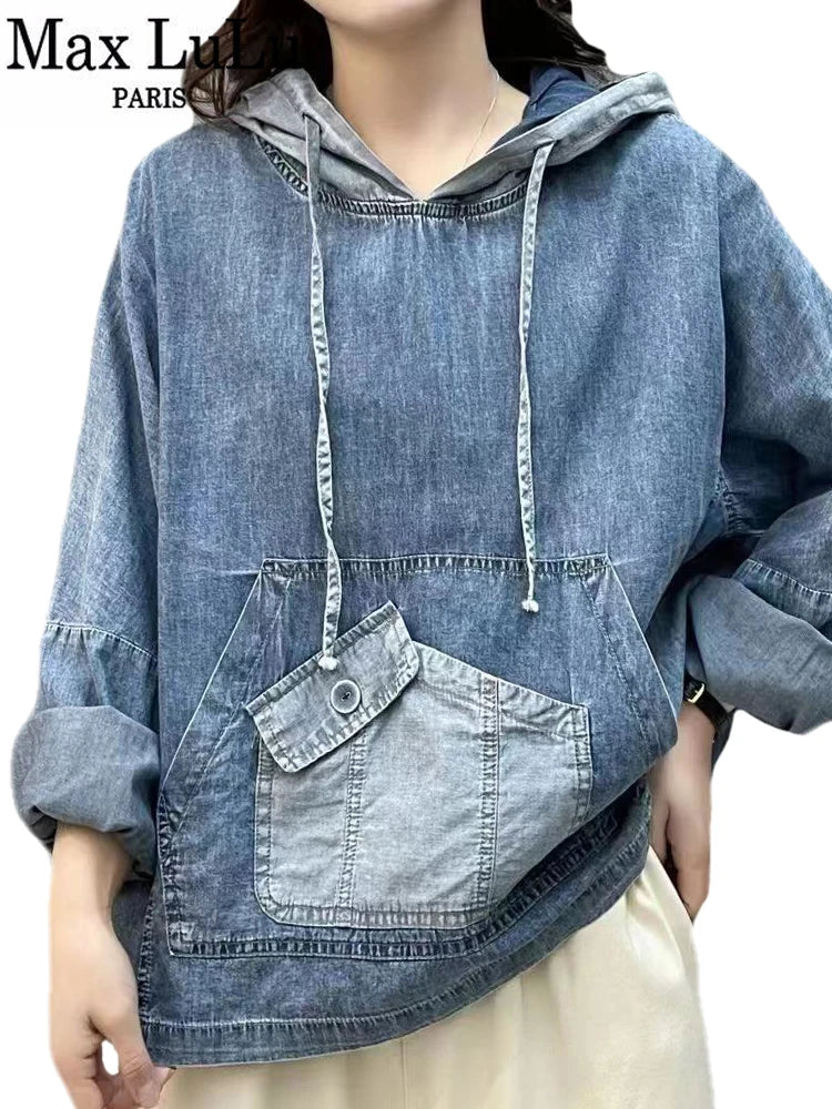 Max LuLu 2024 Spring Fashion Denim Hoodies Womens Vintage Hooded Classic Loose Sweatshirts Ladies Harajuku Casual Korean Clothes