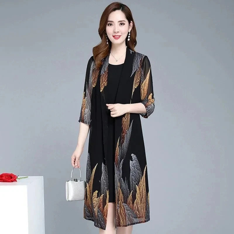 Women Chiffon Dress Set  Summer 2 Piece Set Fashion Sunscreen Cardigan Jacket Mother Elegant Lace Dress Suit Noble Femme 4XL