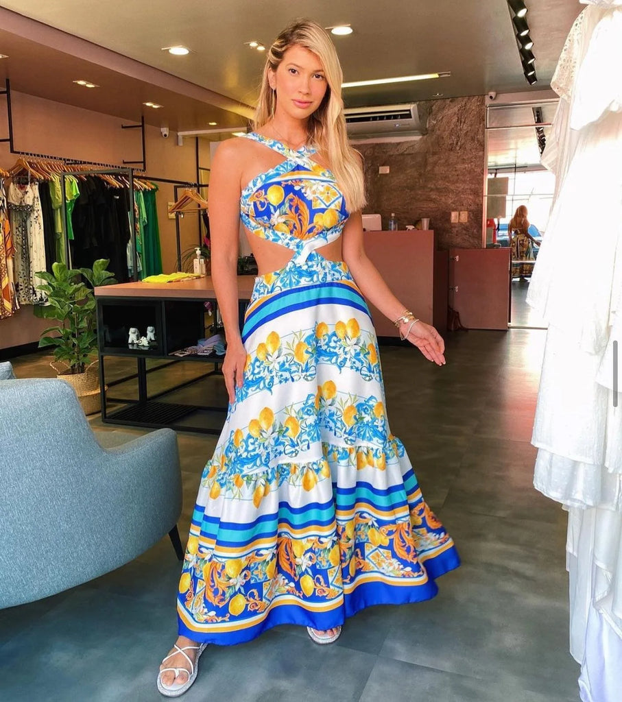 New Bohemian Sexy Printed Women Dresses Halter Sleeveless Backless Naked Waist Long Dress Fashion Summer Beach Holiday Robe