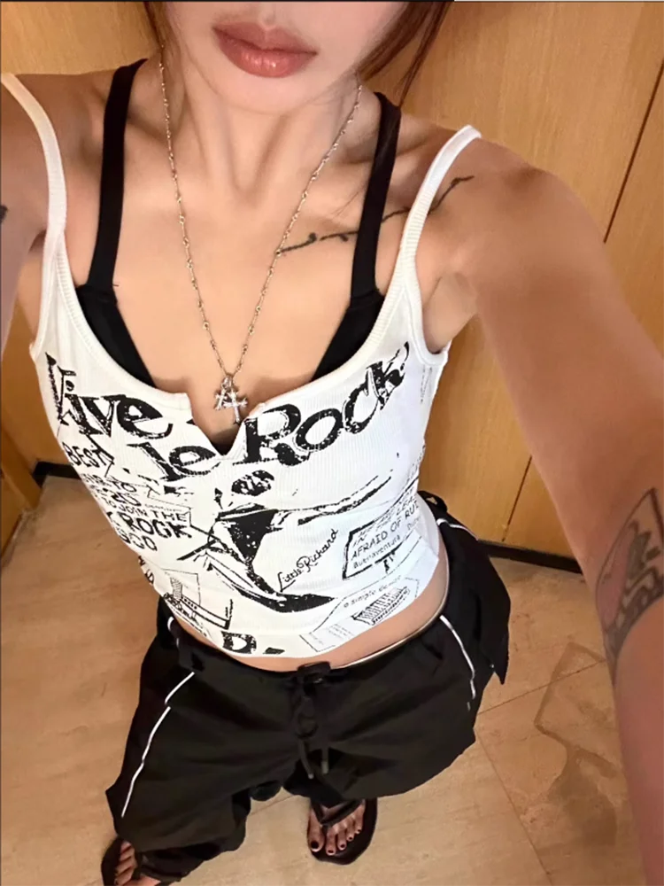 Y2K E-Girl Punk Print Sleeveless Ribbed Knit Tank Top For Women 2000s Crop Top Summer Fairy Grunge 90s Hippie Tee Korea Fashion