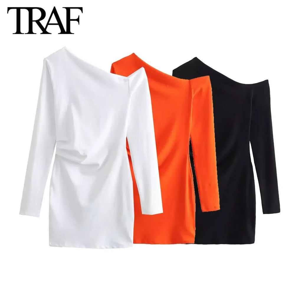 TRAF Women Fashion Spring New Long-sleeved Fold White Asymmetric Dress French Chic Female Sexi Mini Evening Clothing