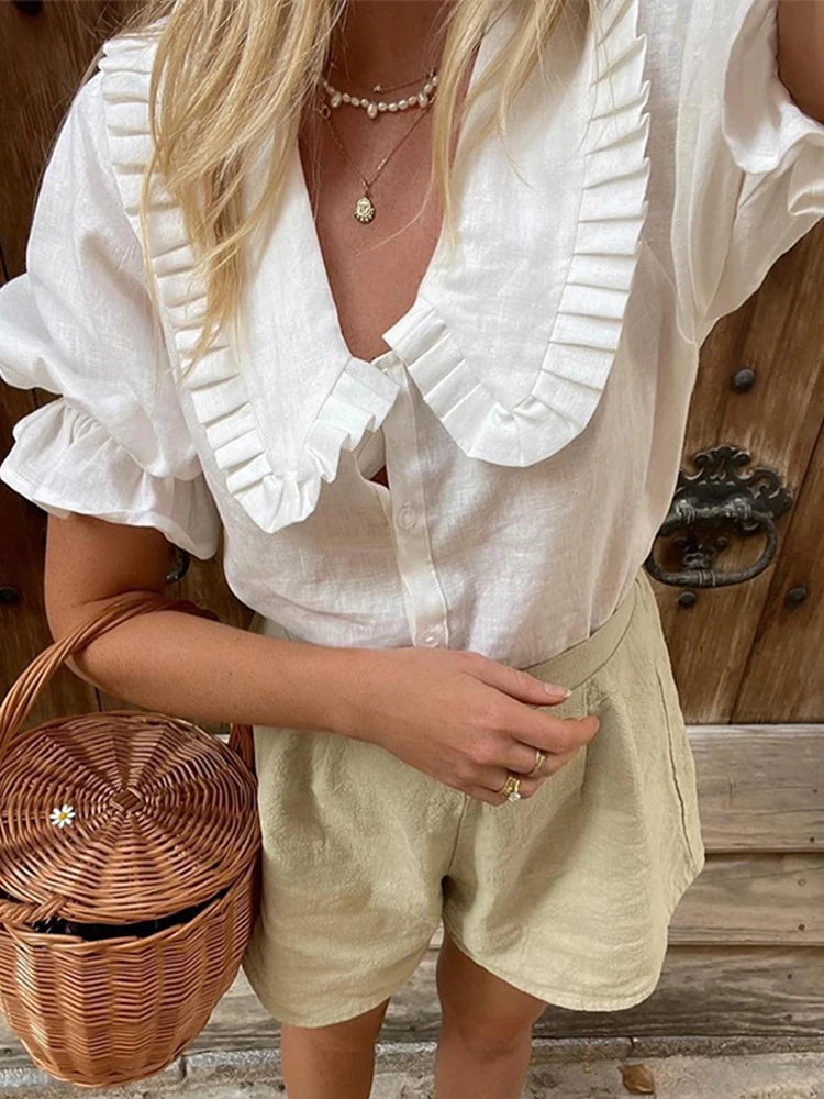 Casual Ruffle Doll Collar Shirts Shorts Set Women Puff Short Sleeve Single Breasted Blouses Suit 2024 Summer Loose Lady Suits