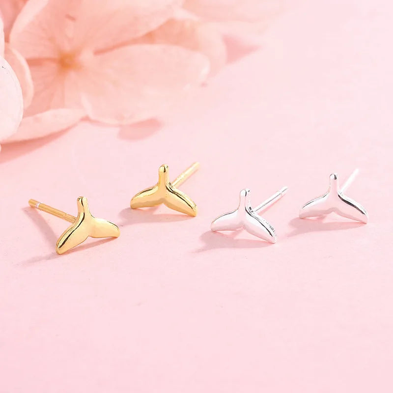 Tiny Mermaid Tail Stud Earrings Cute Women Girls 925 Sterling Silver Small Whale Studs Nautical Ocean Jewelry, Gifts for Her