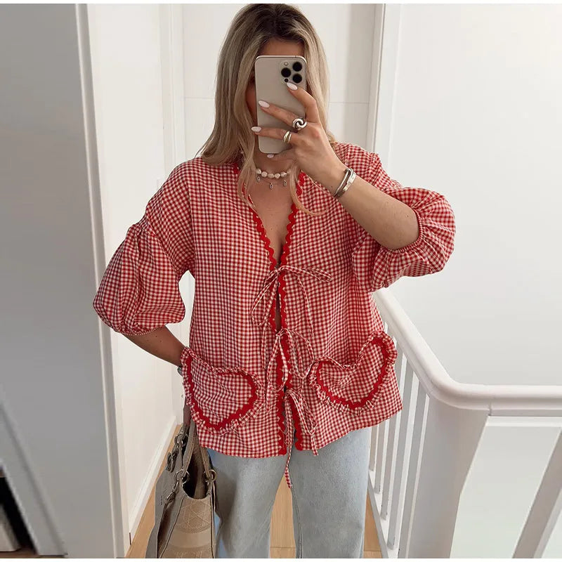 Elegant Plaid Bow Lace Print Women Shirt Fashion Casual Long Lantern Sleeve V Neck Tops 2024 Spring Summer Female Love Outwear