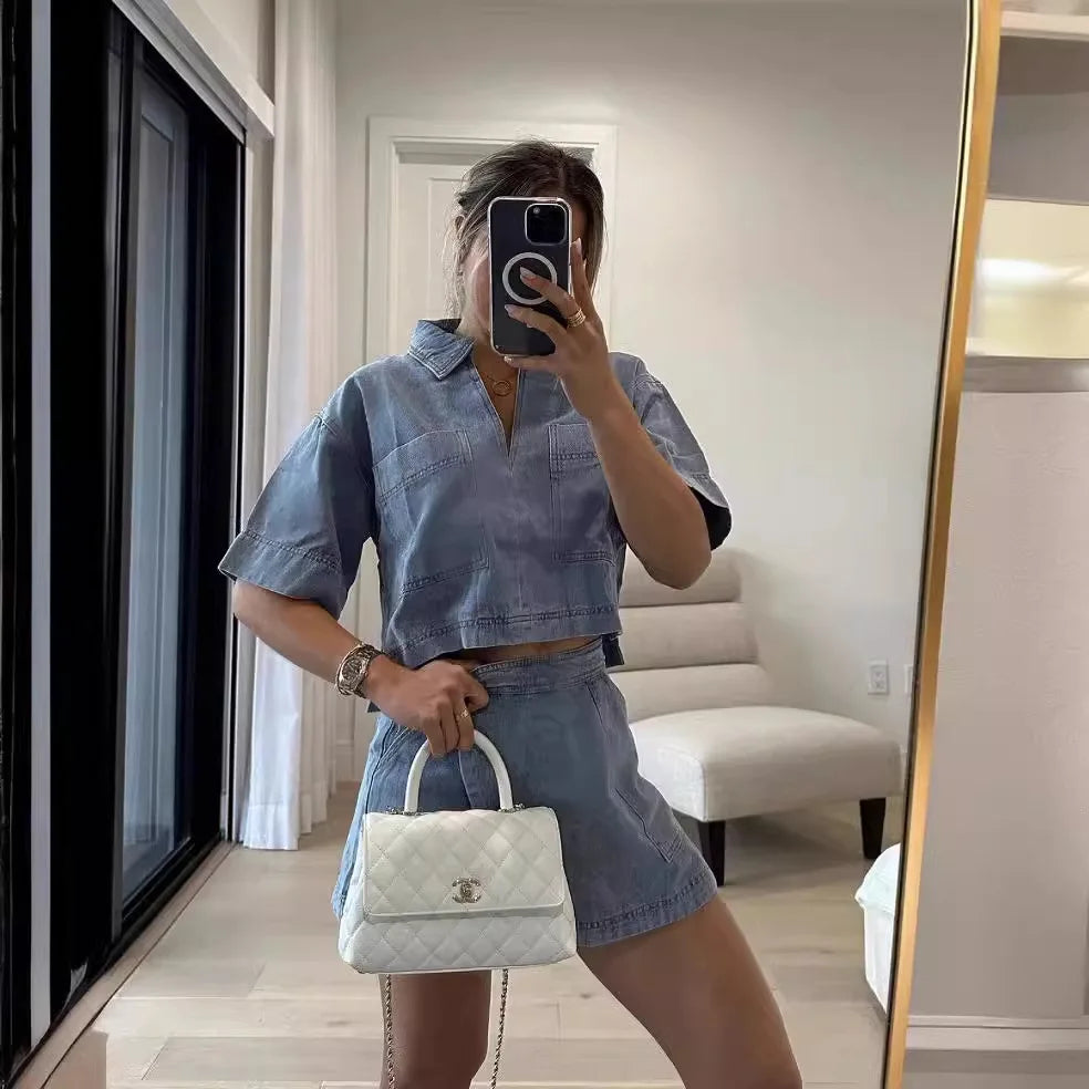 2024 Summer Women Blue Denim Skirt Suit Loose 2 Piece Set Short Sleeve with Pocket Shirt and Irregular Skirt Female Street Out