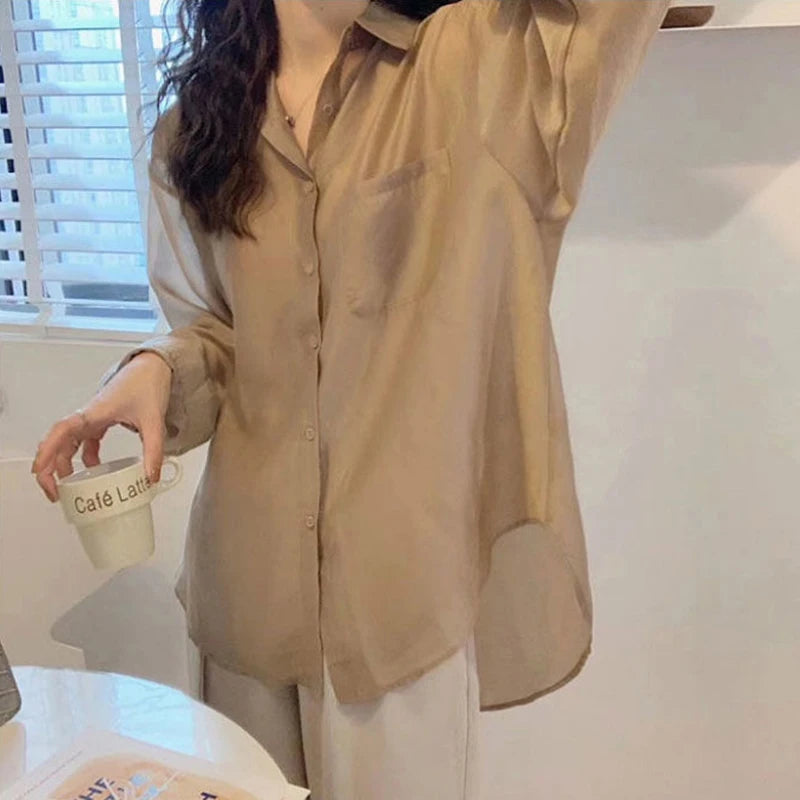 White Shirt Women Fashion Simple Preppy Style Summer Thin Top Casual All Match Korean Loose Long Sleeve Sunscreen Blouse New