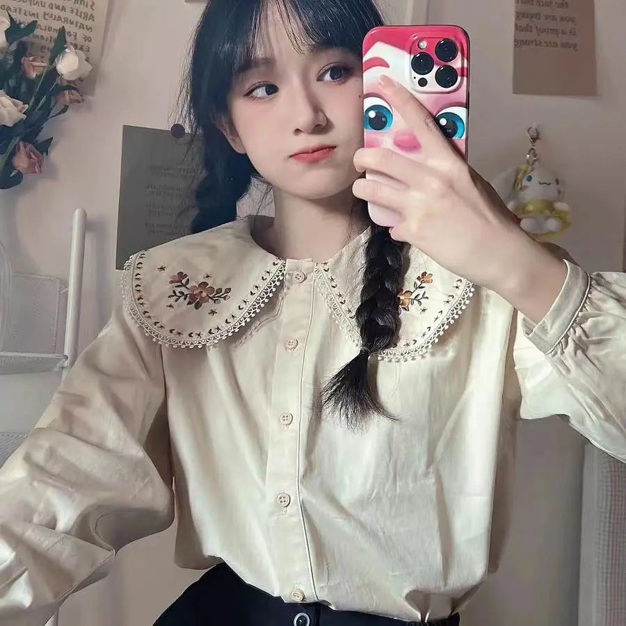 Peter Pan Collar Shirts Women Cute Korean Style Vintage Students Pure Girls Harajuku Female Fashion Chic Tops New Arrival Autumn