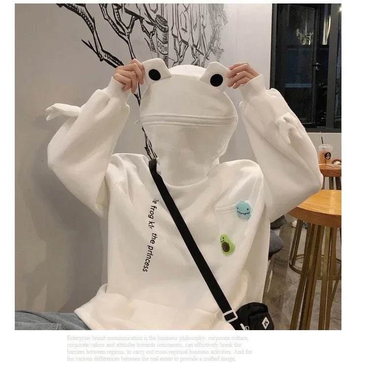 S-3XL Frog Zipper Hoodie Fleece Lined Springtime Embroidery oversized Sweatshirt Harajuku Warm Pullover Korean Style Dropship