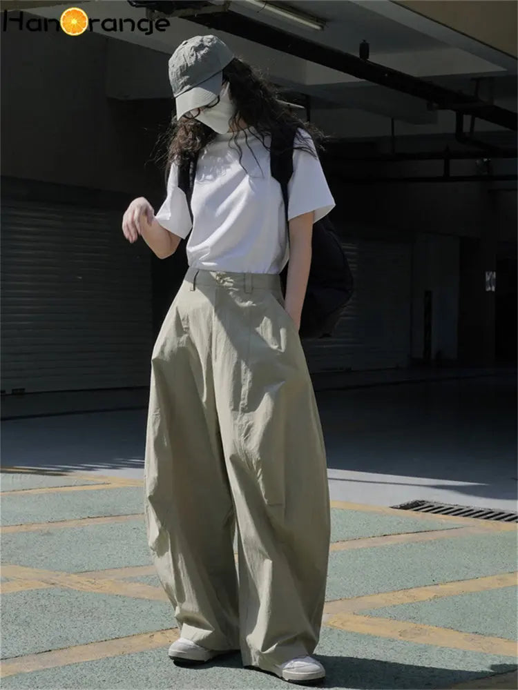 HanOrange 2024 Summer Air Feeling Neutral Arc Wide Leg Pants Women Loose Casual Trousers Female White/Military Green/Pink