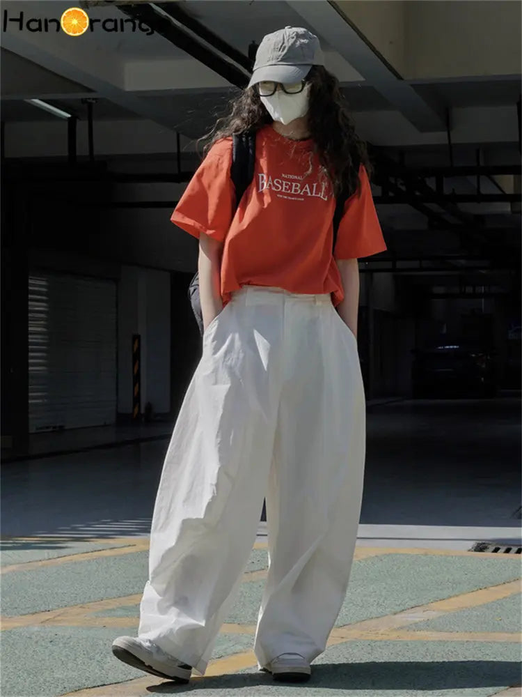 HanOrange 2024 Summer Air Feeling Neutral Arc Wide Leg Pants Women Loose Casual Trousers Female White/Military Green/Pink