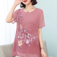 Load image into Gallery viewer, Summer Floral Printed Chiffon Shirt Short Sleeve Female Clothing Loose Stylish Asymmetrical Commute O-Neck Spliced Midi Blouse