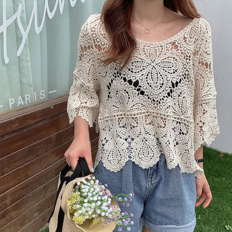 Simple Shawl Hollow-out Sweater Thin Artistic Pullover Blouse Women's Top