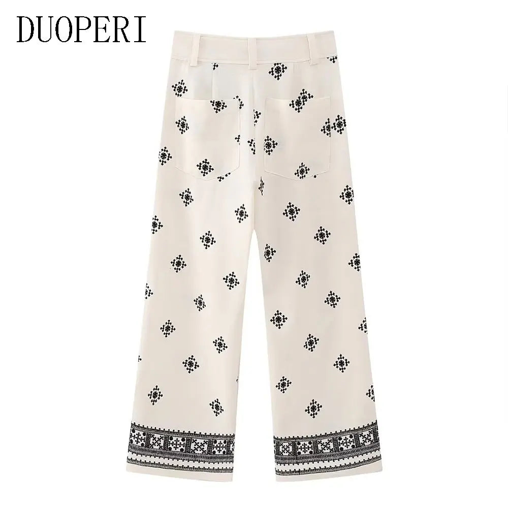 DUOPERI Women Fashion Linen Embroidery Straight Pant High Waist Full Length Female Chic Lady Casual Vintage Long Flax Trousers