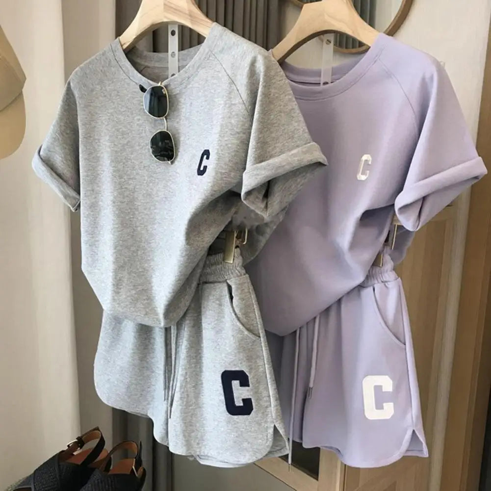 2Pcs Summer Women Tracksuit Soft Drawstring Elastic Waist Sport Clothes O Neck Letter Print T-shirt Lady Exercise Top Shorts Set