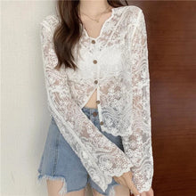 Load image into Gallery viewer, MEXZT Vintage Lace Blouse Women Sheer Long Sleeve Sunscreen Shirt Cardigan Vacation Korean Elegant Casual Sun Protection Top