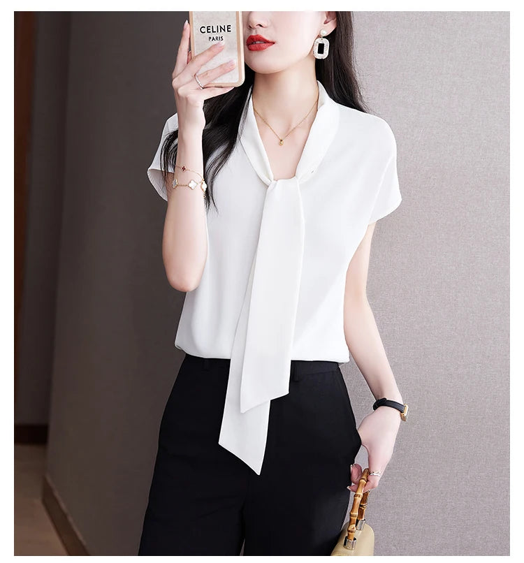 Bow Tie Blouse Shirt for Women OL Elegant Blouses Satin Womens Tops Silk Female Clothing 2023 Korean Fashion Short Sleeve Blouse