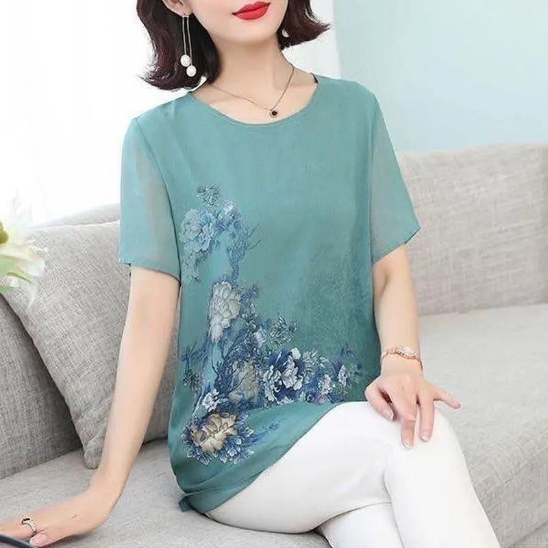 Summer Floral Printed Chiffon Shirt Short Sleeve Female Clothing Loose Stylish Asymmetrical Commute O-Neck Spliced Midi Blouse