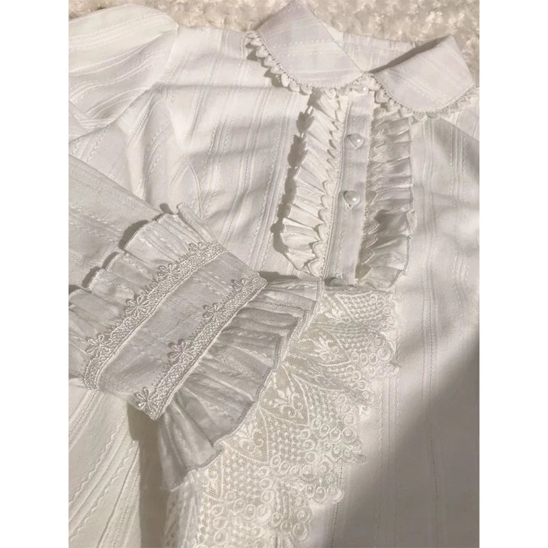 Japanese Preppy White Shirts Women Vintage Victorian Elegant Lace Ruffles Blouses Sweet Lolita Long Sleeve Slim Crop Tops New