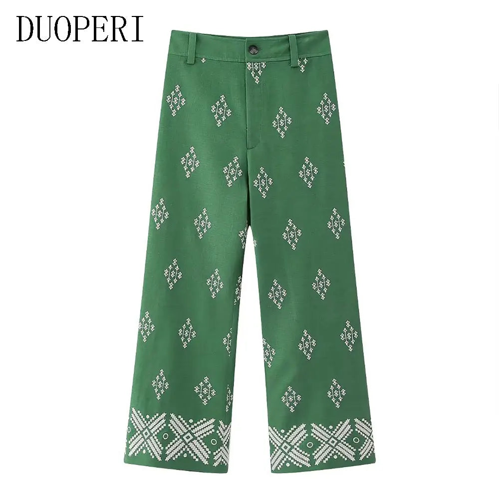 DUOPERI Women Fashion Linen Embroidery Straight Pant High Waist Full Length Female Chic Lady Casual Vintage Long Flax Trousers