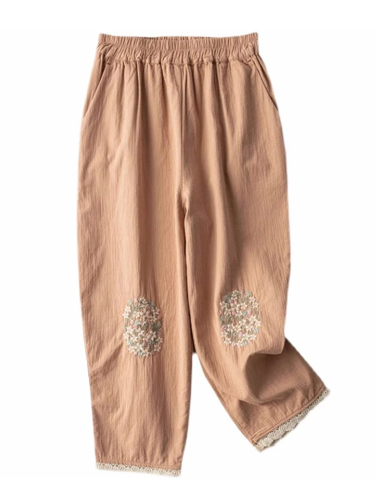 Cotton Flower Embroidery Casual Pants Literary Vintage Loose Slim Lace Wide Leg Trousers Breathable Harem Pants