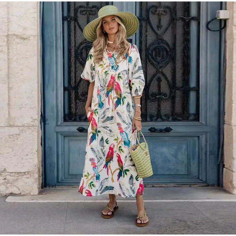 Vintage Print Patchwork Long Dresses Women Fashion Lantern Shorts Sleeves Loose Maxi Dress 2024 Lady Casual Vacation Streetwear