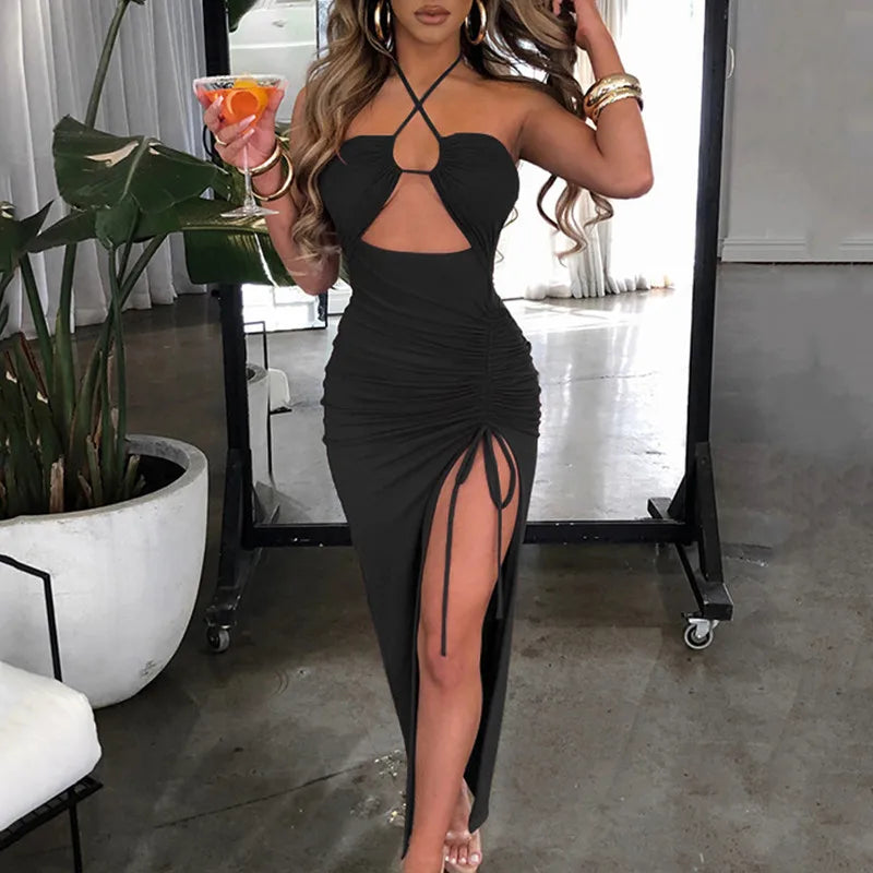 Fashion Sexy Split Dresses Women Summer Black Sleeveless Backless Hollow Out Party Dress Lace-up Halter Slim Elegant Party Dress