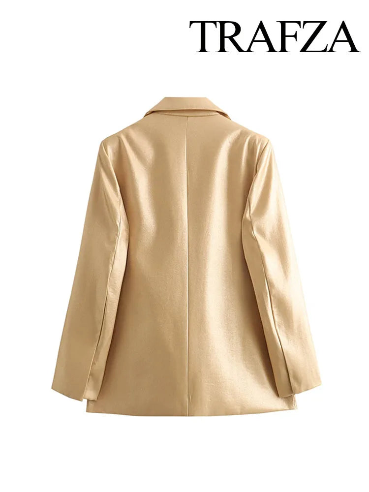 TRAFZA Spring Fashion Women Blazer Tops Gold Turn-Down Collar Long Sleeves Pockets Single Breasted Female Chic Coats Office Lady