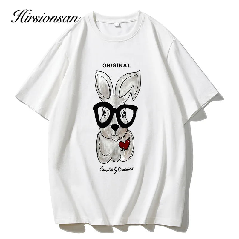 Hirsionsan 2024 Cool rabbit Printed T Shirt Women Summer Loose Casual Soft Female Clothing Vintage O Neck Cotton Lady Tops Y2k