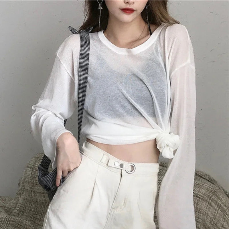 Sheer T-shirts Women Loose Korean Style Summer Sun-proof Casual Simple All-match Thin Lazy Fashion Ulzzang Temperament Classic