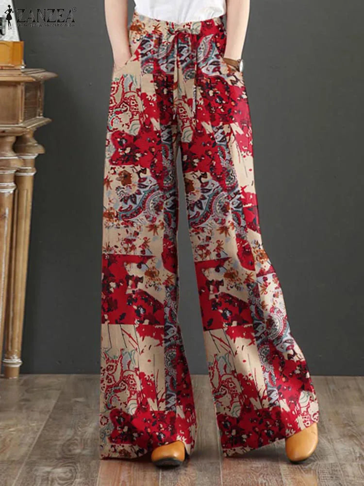 Bohemian Vintage Long Pants ZANZEA Women Wide Leg Trousers Summer High Waist Printed Pantalon Female Elegant Work Palazzo Capris