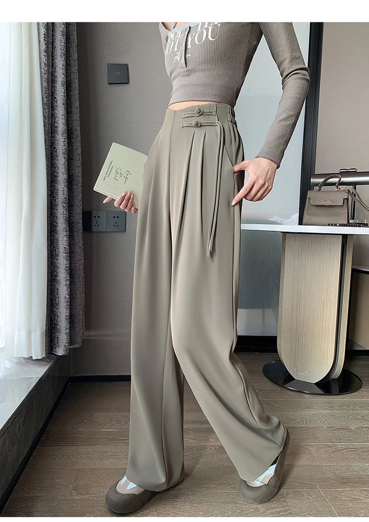 High Waist Buttons Suit Wide Leg Women's Full Pants 2024 New Spring Summer Female Elegant Minimalism Straight Loose Trousers