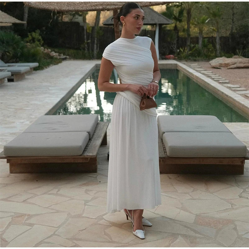 Elegant White Pleated Irregular Women Dress Fashion O Neck Sleeveless Bodycon Dresses 2024 Chic Summer Female High Street Robes