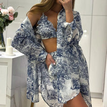 Load image into Gallery viewer, Fashion Loose Print 3 Piece Shorts Sets Women Outfit 2024 Elegant Long Sleeve Shirt + Bra With High Waist Shorts Set Streetwear