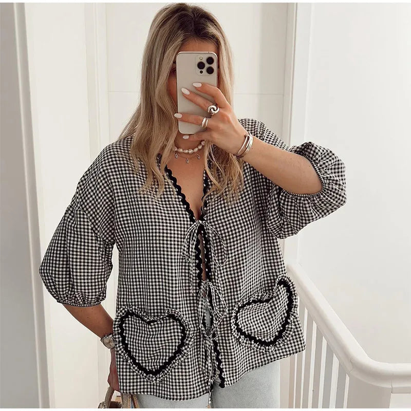 Elegant Plaid Bow Lace Print Women Shirt Fashion Casual Long Lantern Sleeve V Neck Tops 2024 Spring Summer Female Love Outwear