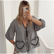 Load image into Gallery viewer, Elegant Plaid Bow Lace Print Women Shirt Fashion Casual Long Lantern Sleeve V Neck Tops 2024 Spring Summer Female Love Outwear