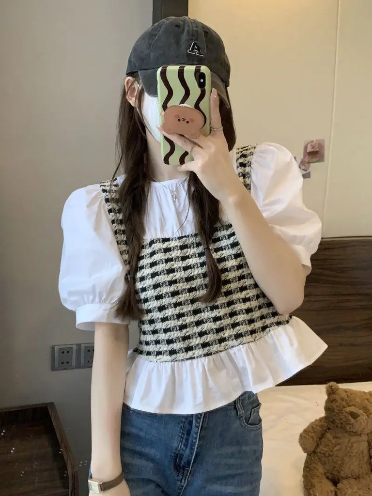 Sweet Spliced Ruffles Striped Puff Sleeve Fake Two Piece Blouse Women's Clothing 2023 Summer New Casual Pullovers Plaid Shirt