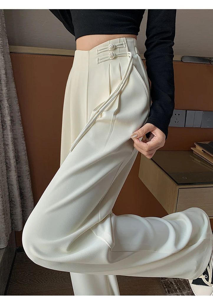 High Waist Buttons Suit Wide Leg Women's Full Pants 2024 New Spring Summer Female Elegant Minimalism Straight Loose Trousers