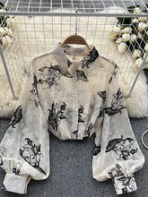 Load image into Gallery viewer, Spring Autumn Temperament Fashion Retro Chiffon Floral Blouses Print Loose Lapel Puff Sleeve Top Button Up Shirt Female GD611