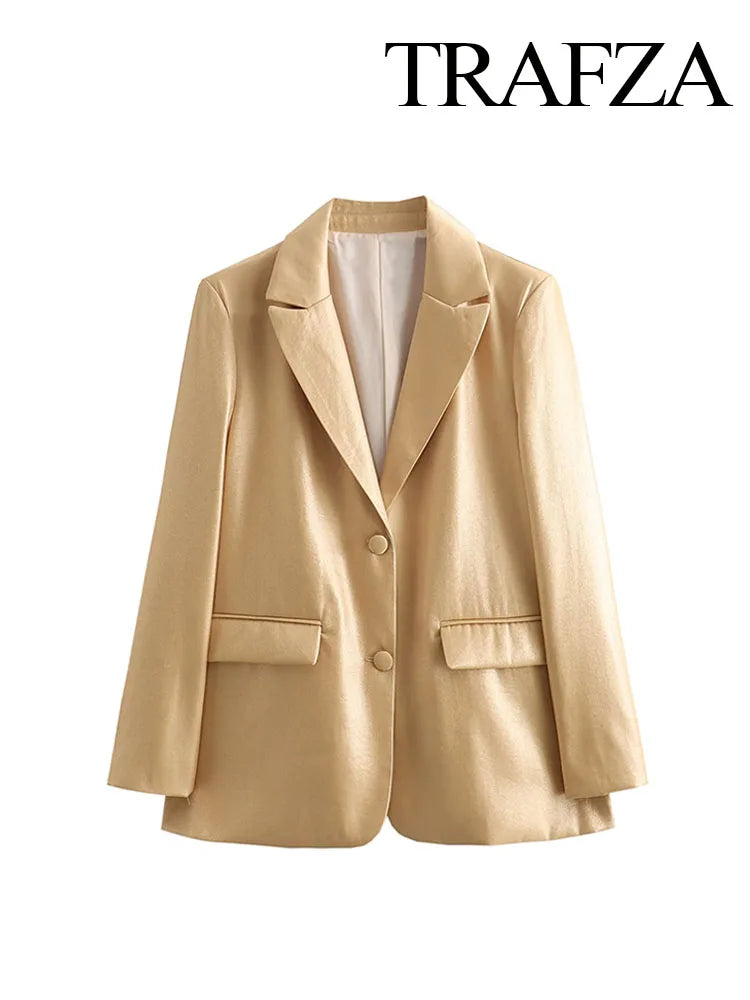 TRAFZA Spring Fashion Women Blazer Tops Gold Turn-Down Collar Long Sleeves Pockets Single Breasted Female Chic Coats Office Lady